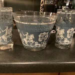 stenciled ice bucket and 2 matching glasses